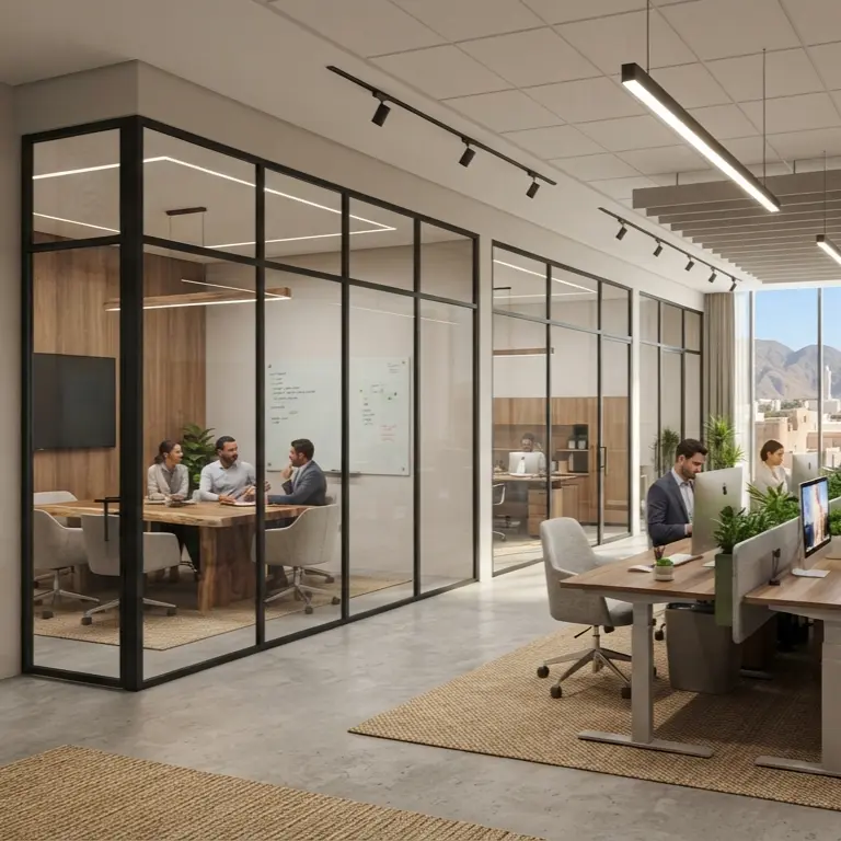 A modern corporate office interior in Nizwa, Oman with a complete office fit out design