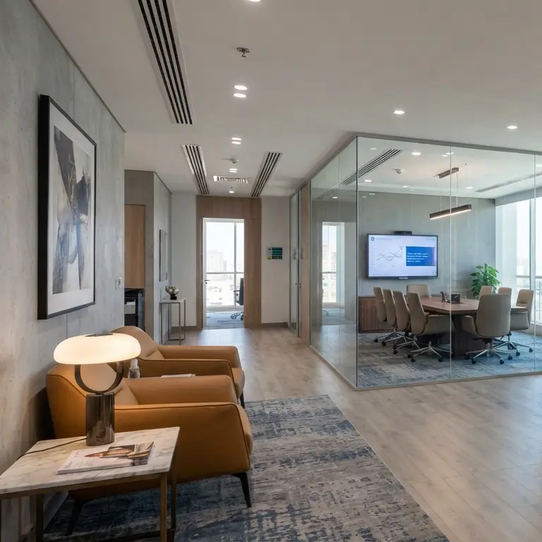 Office interior fit out in Al Barka involves transforming commercial spaces into complete working environments through design, construction, and interior finishing