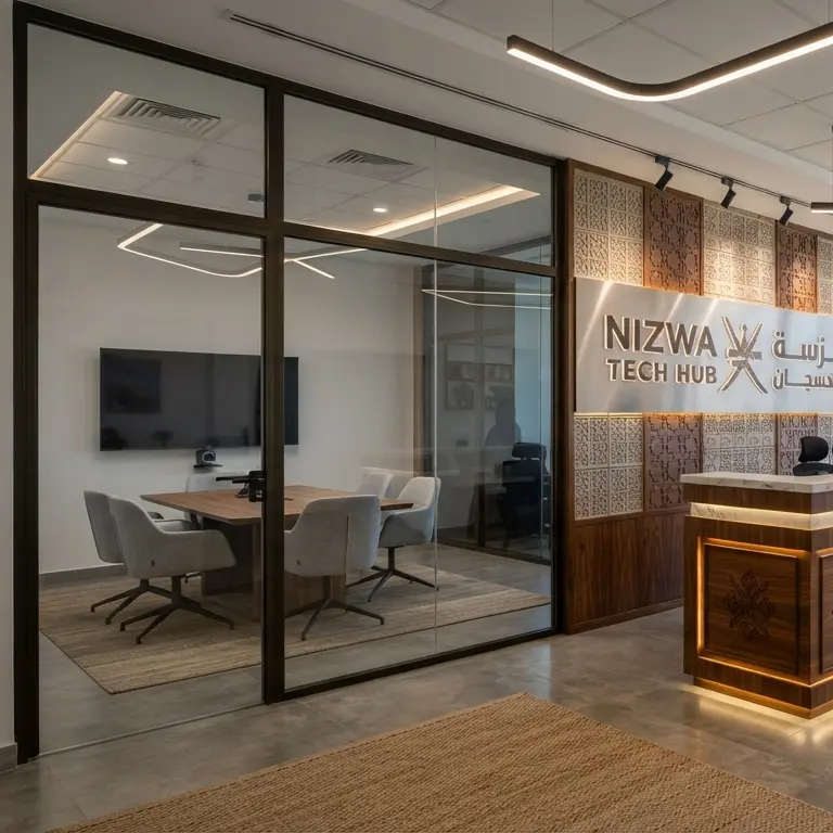 A modern corporate office interior in Nizwa, Oman with a complete office fit out design