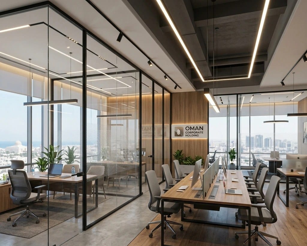 Elegant office meeting room with full glass partition walls, aluminium framing details