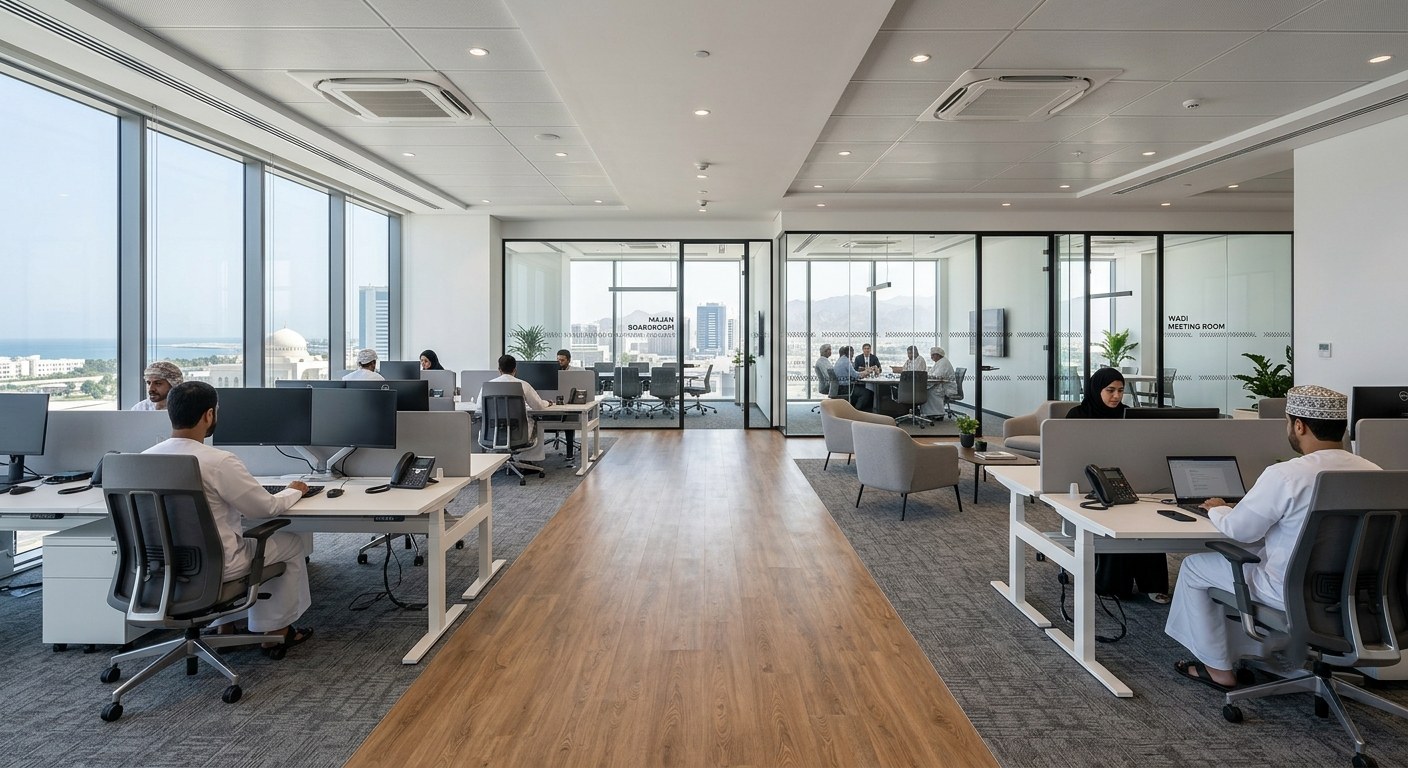 Professional commercial office interior displaying different flooring solutions including luxury vinyl flooring, carpet tiles, raised access flooring, and modern floor finishes in separate office areas Office Renovation vs Office Fit Out: Key Differences
