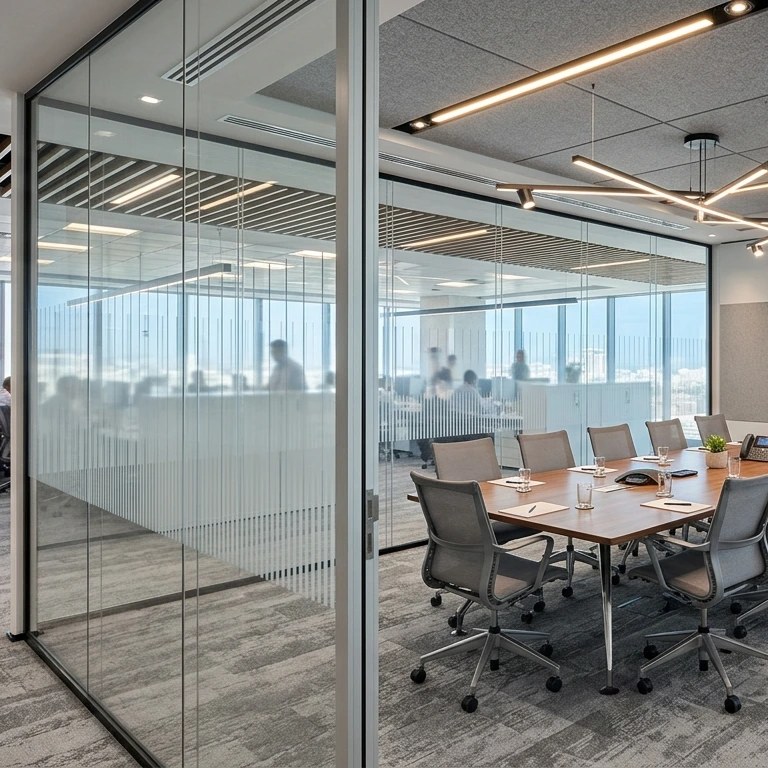 Fully completed modern office interior with glass and partitions forming private cabins and workstations