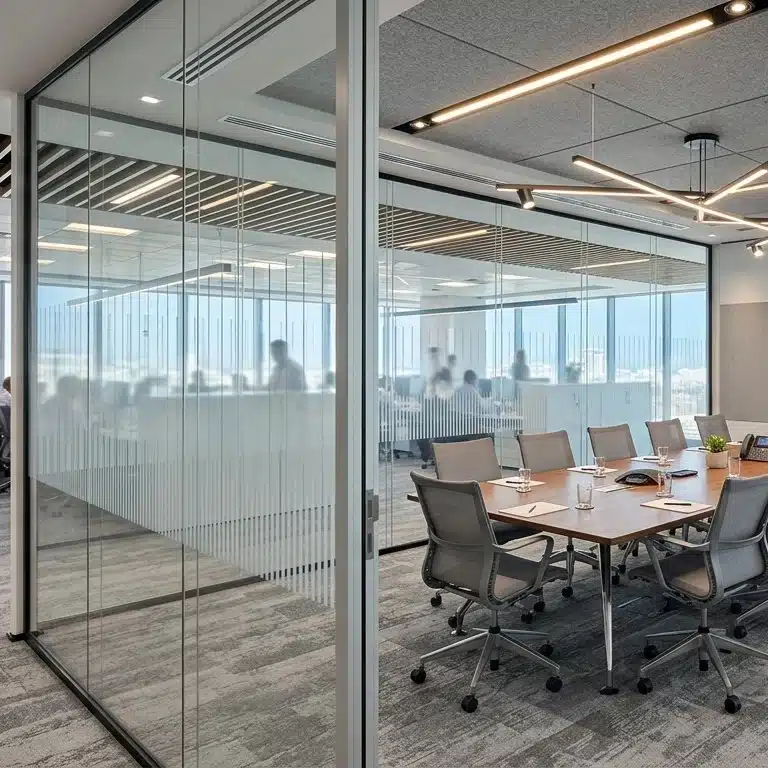 Fully completed modern office interior with glass and partitions forming private cabins and workstations