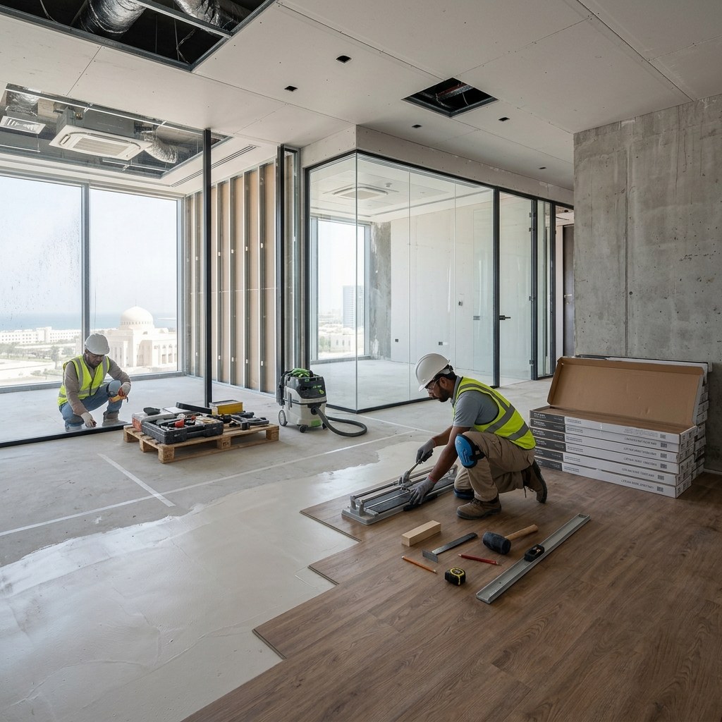 Luxury executive office featuring premium wood look luxury vinyl flooring, elegant reception area, custom joinery, glass office partitions